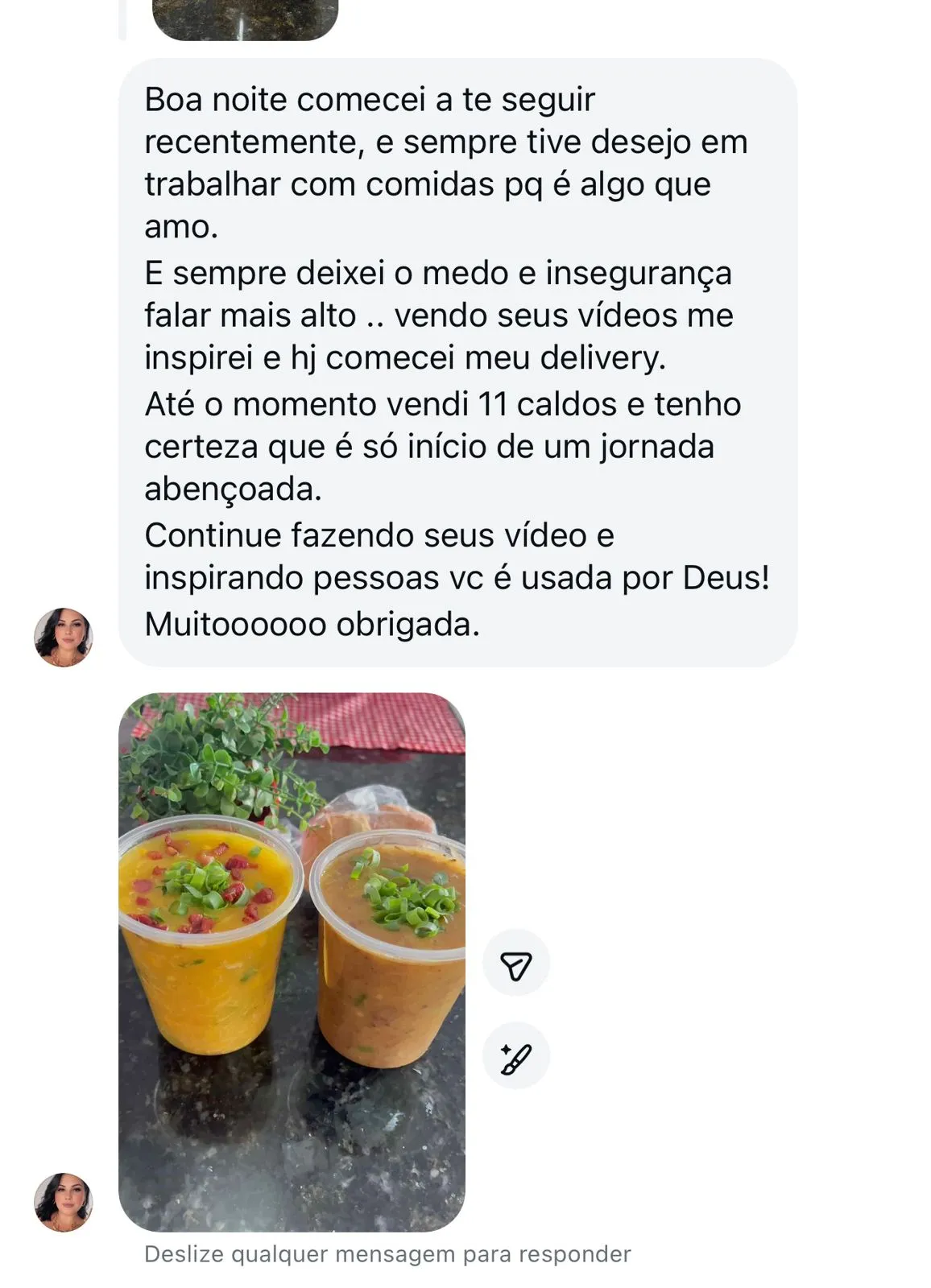 Print real de feedback recebido pela Delicaldos sobre compra de caldos
