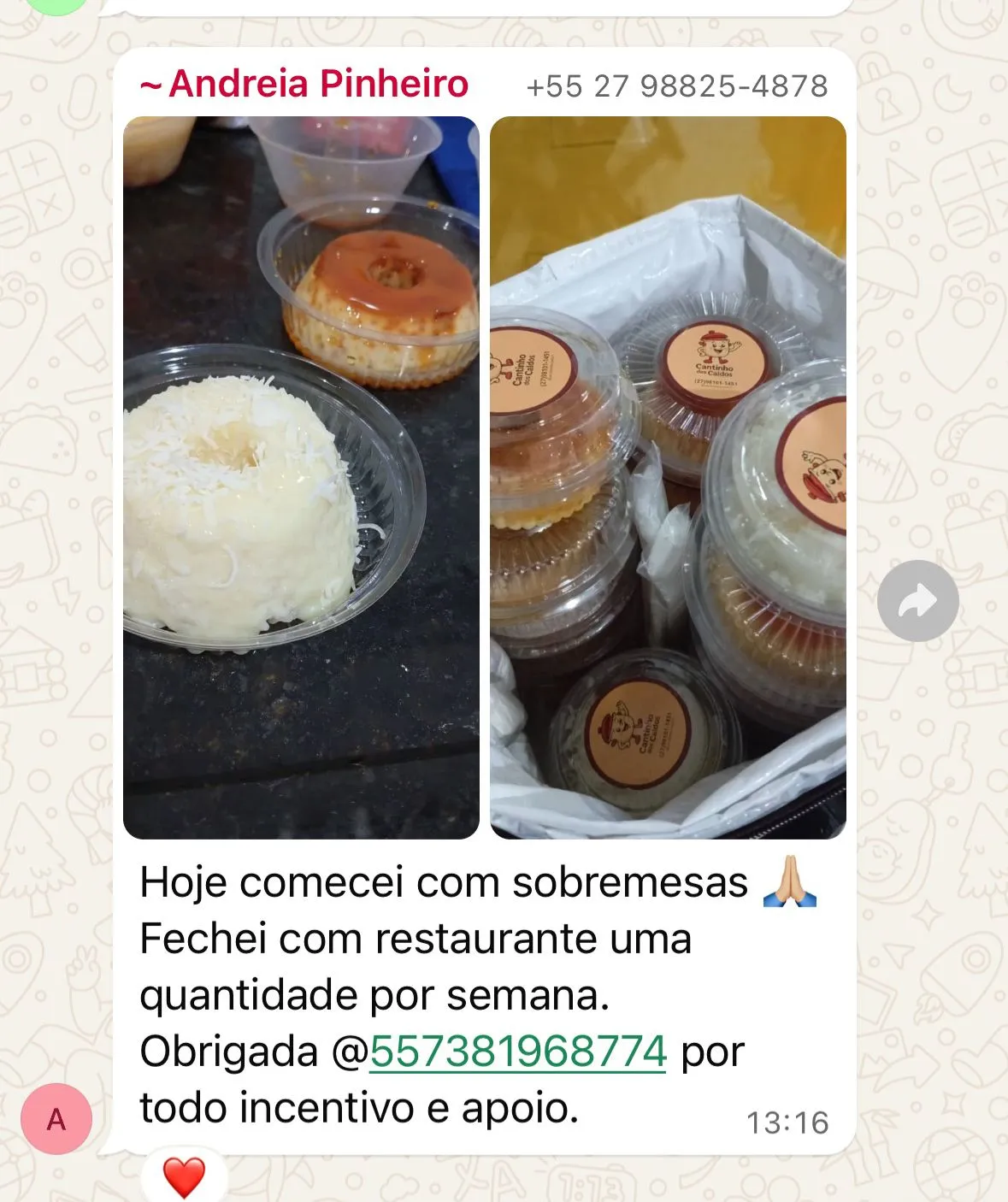 Print real de feedback recebido pela Delicaldos sobre experiência com a Delicaldos